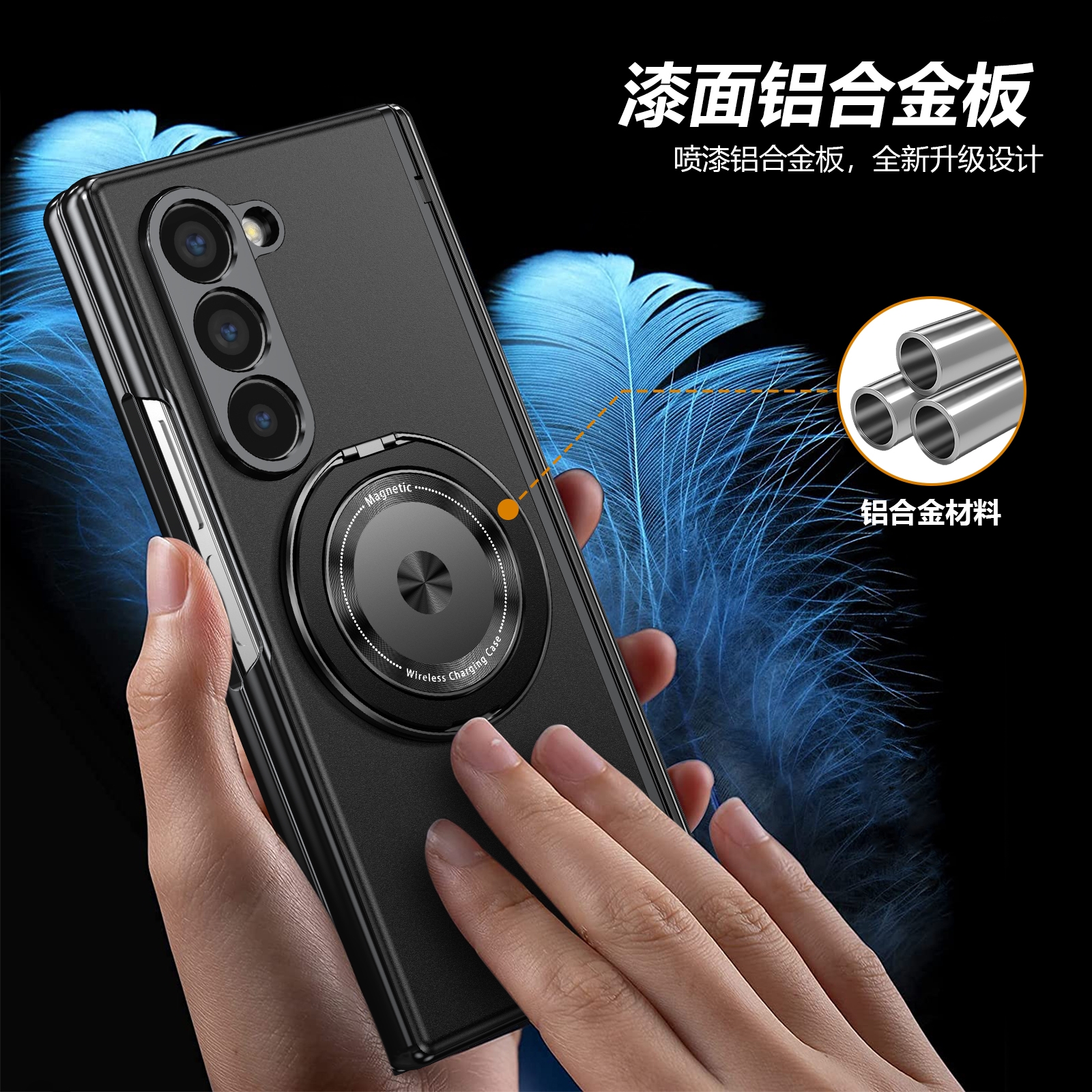 三星fold5中轴铰链全包手机壳新款创意折叠超防摔galaxyzfold6保护壳磁吸旋转支架4黑色商务手机外壳奢华男女