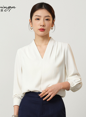 韩茗雅职业白色衬衫女长袖V领雪纺正装衬衣高级感西装内搭面试装