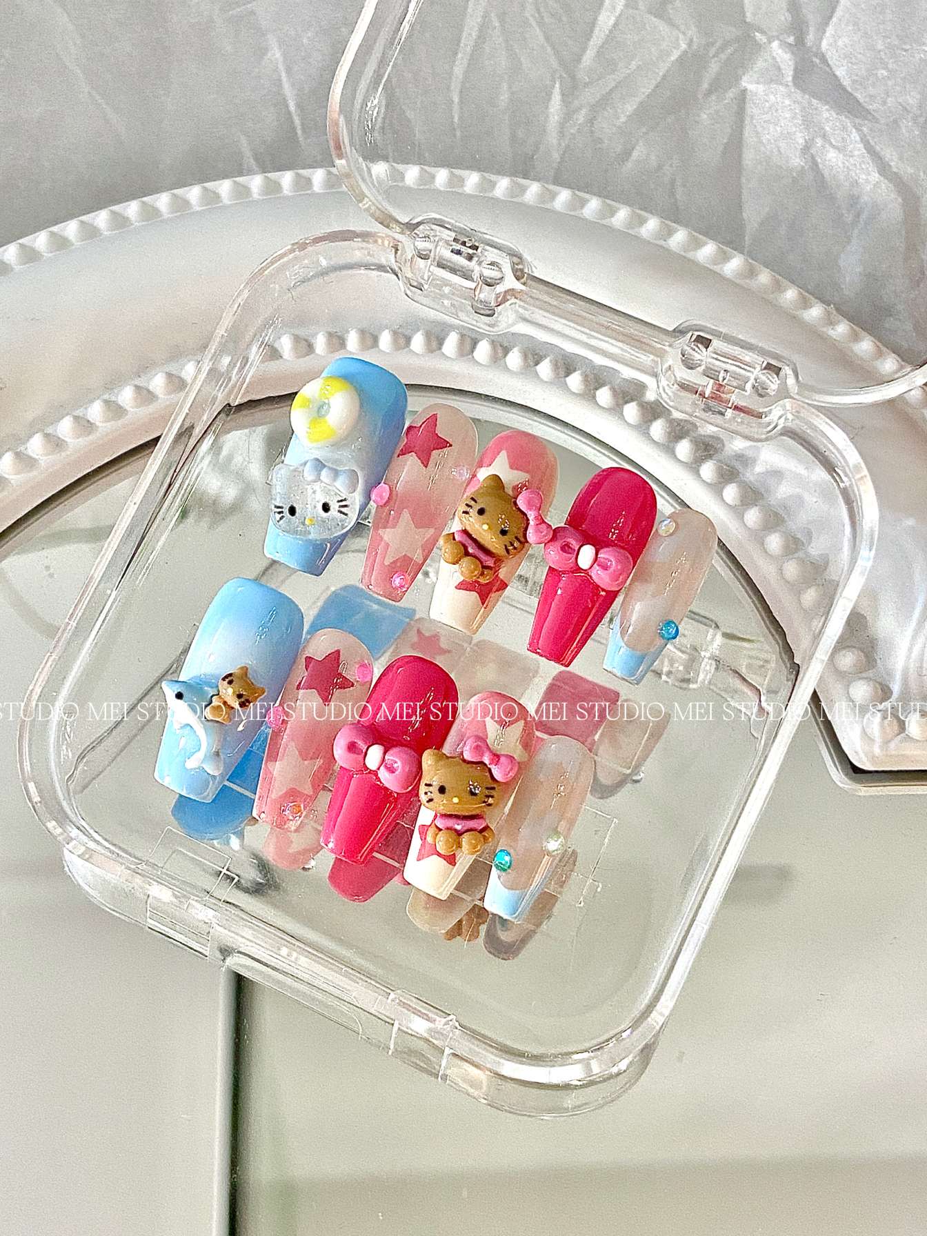夏日多巴胺kt｜彩色可爱甜辣hellokitty美甲纯手工定制穿戴甲片