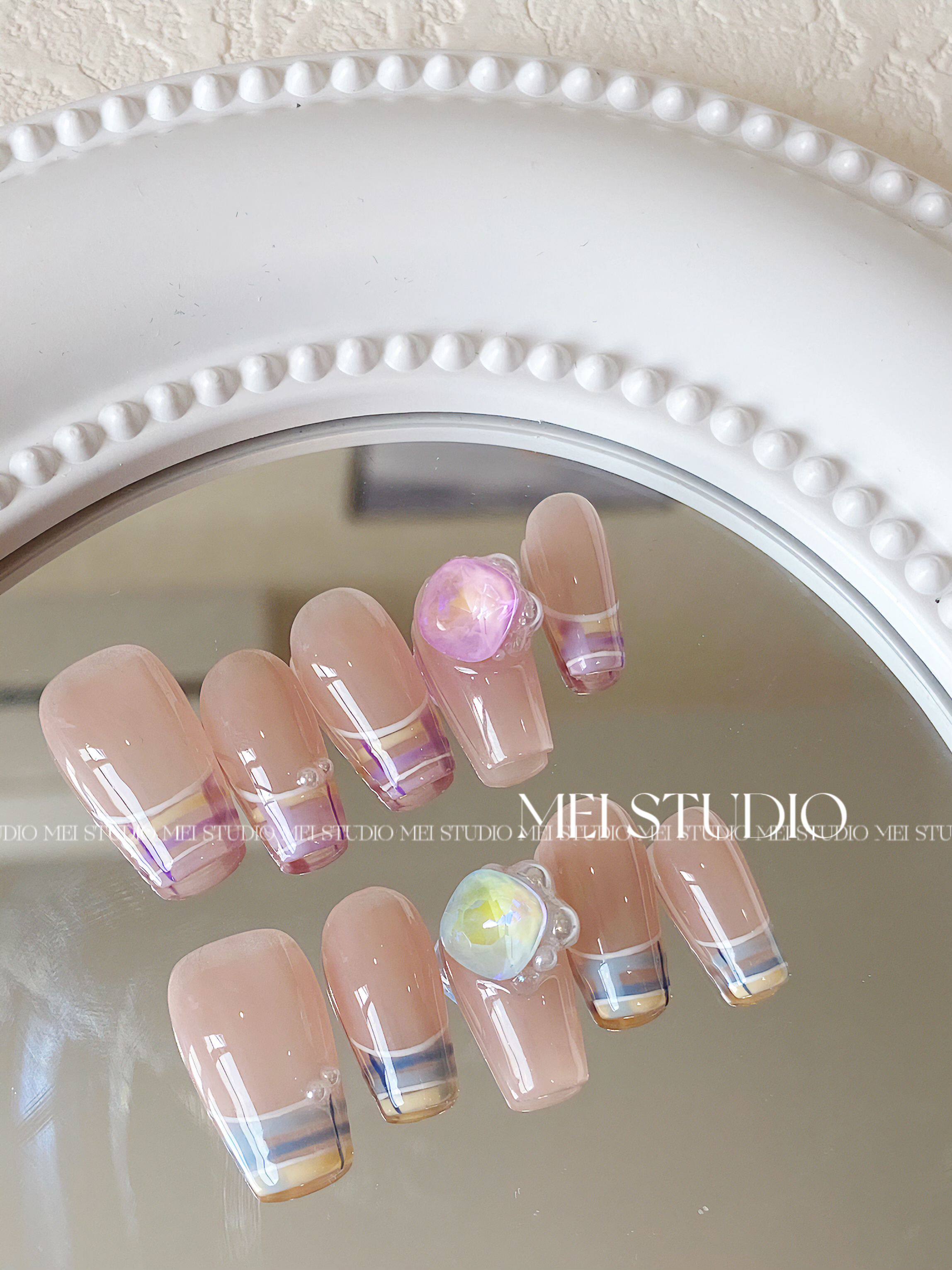 mei studio蓝紫冰淇淋格子 小清新法式格子美甲手工穿戴甲成品