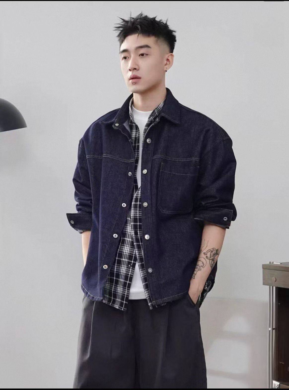 春秋季复古新款设计感格子衬衫拼接假两件夹克工装牛仔外套男潮