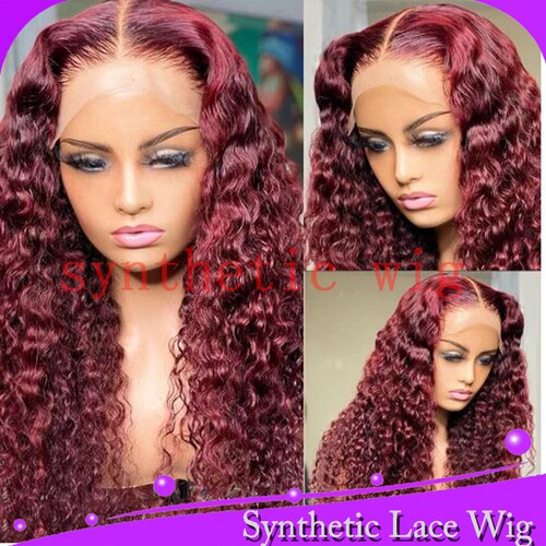 暗酒红色小卷前蕾丝整顶假发头套kinky curly lace wig高温丝