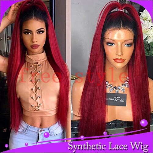 Burgundy Straight Synthetic Lace Front Wig酒红色高温丝假发
