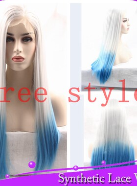 silver grey hair wig 银灰色渐变蓝色顺直蕾丝手织假发头套