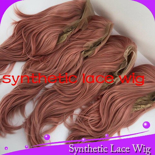 烟粉色大卷wavy synthetic front lace wig45厘米高温丝蕾丝假发
