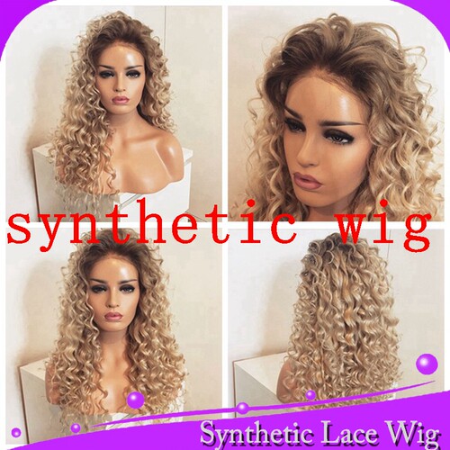 棕色渐变混金自由分小卷kinky curly synthetic wig化纤蕾丝假发
