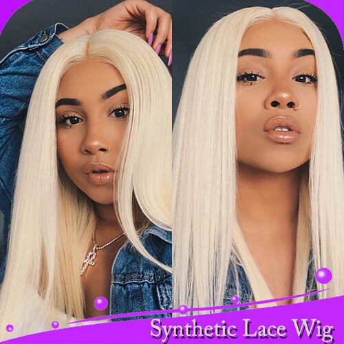 60#blonde synthetic front lace wig化纤蕾丝假发头套顺直