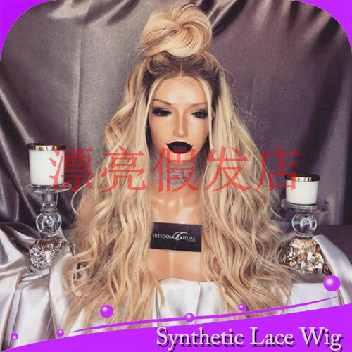 黑色/棕色发根玉米烫小卷中分刘海60cm synthetic front lace wig