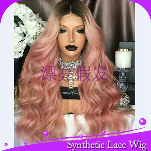 欧美卷渐变粉色T长外贸出口高温丝假发lace front wig synthetic