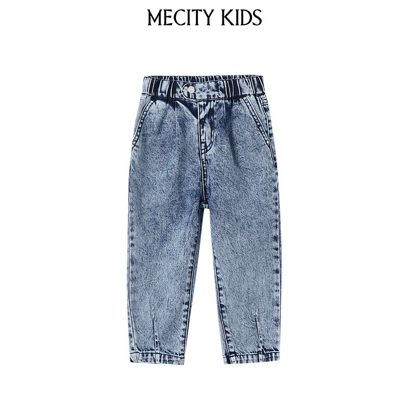mecity kids童装夏女童纯棉松紧腰收脚口牛仔长裤舒适百搭裤子