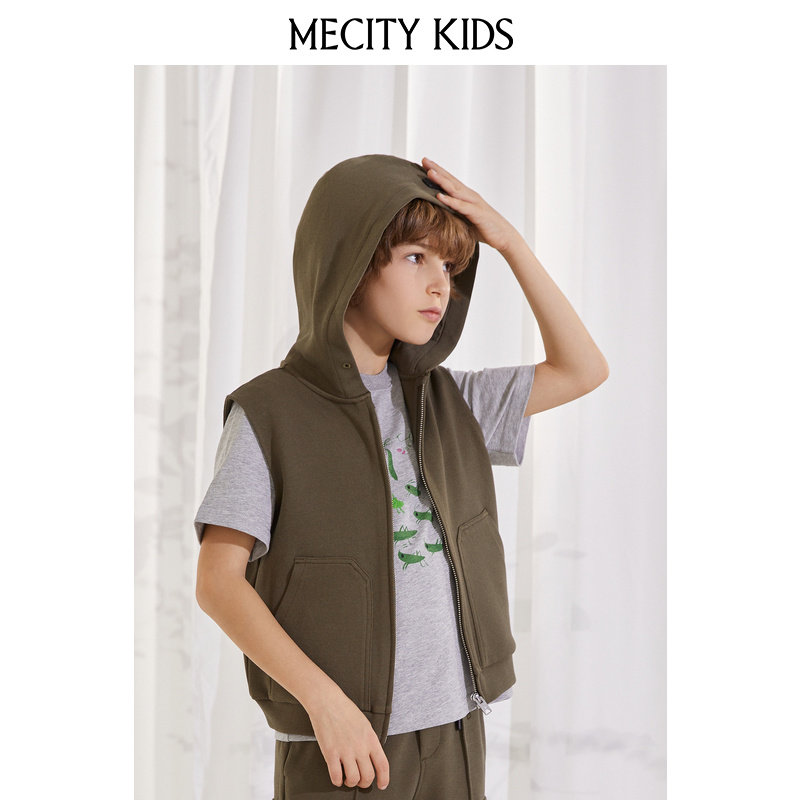 mecity kids童装夏男童连帽拉链无袖针织开衫外套
