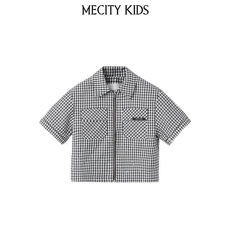 mecity kids童装夏新款男童拉链款短袖色织格纹茄克503339