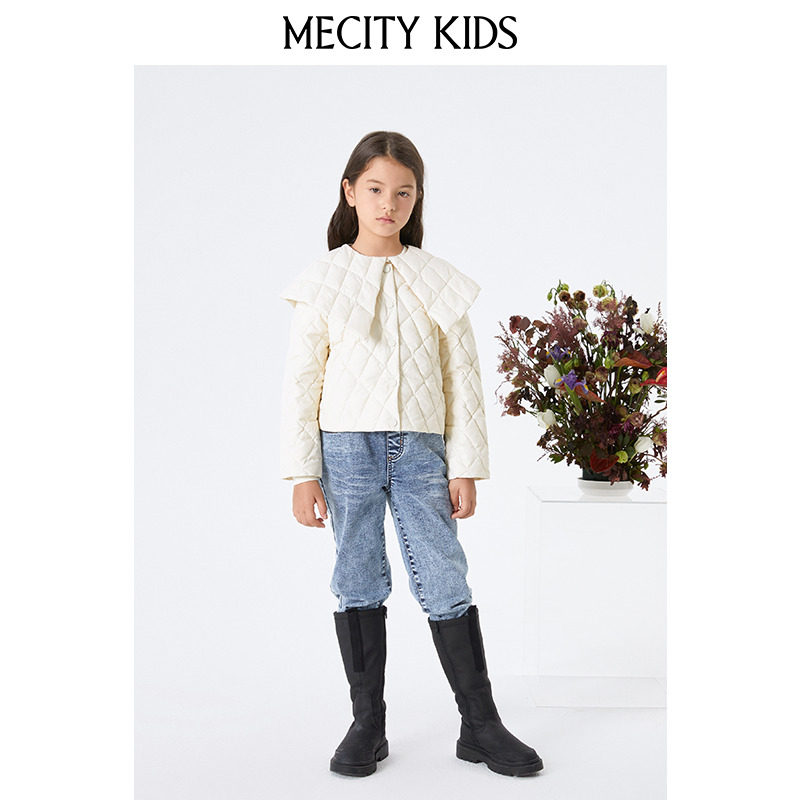 米喜迪童装羽绒服初春女童短款可拆卸大翻领轻薄外套