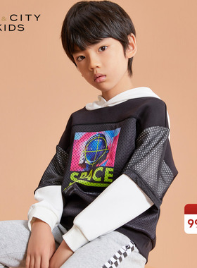 MECITY童装春男童太空平面印花潮流连帽针织套头衫纯棉假两件卫衣