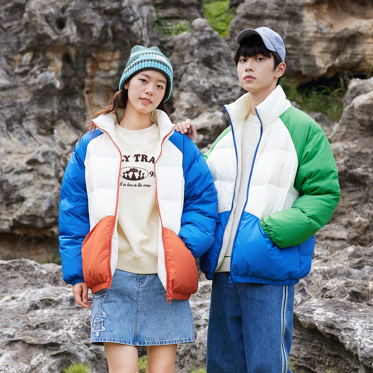 美特斯邦威羽绒服男士冬季男女同款复古系列撞色拼接羽绒服外套