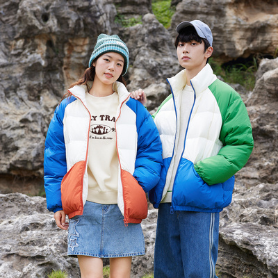 美特斯邦威羽绒服男士冬季男女同款复古系列撞色拼接羽绒服外套