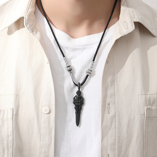 乔木记严选原创塔青和田玉吊坠睚眦剑男款编绳s925纯银项链中式