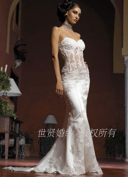 俄罗斯婚纱鱼尾拖尾夏季婚纱白wedding dress欧美时尚