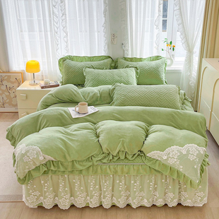 加厚牛奶绒床笠式床裙款四件套冬季公主风蕾丝花边被套双面珊瑚绒