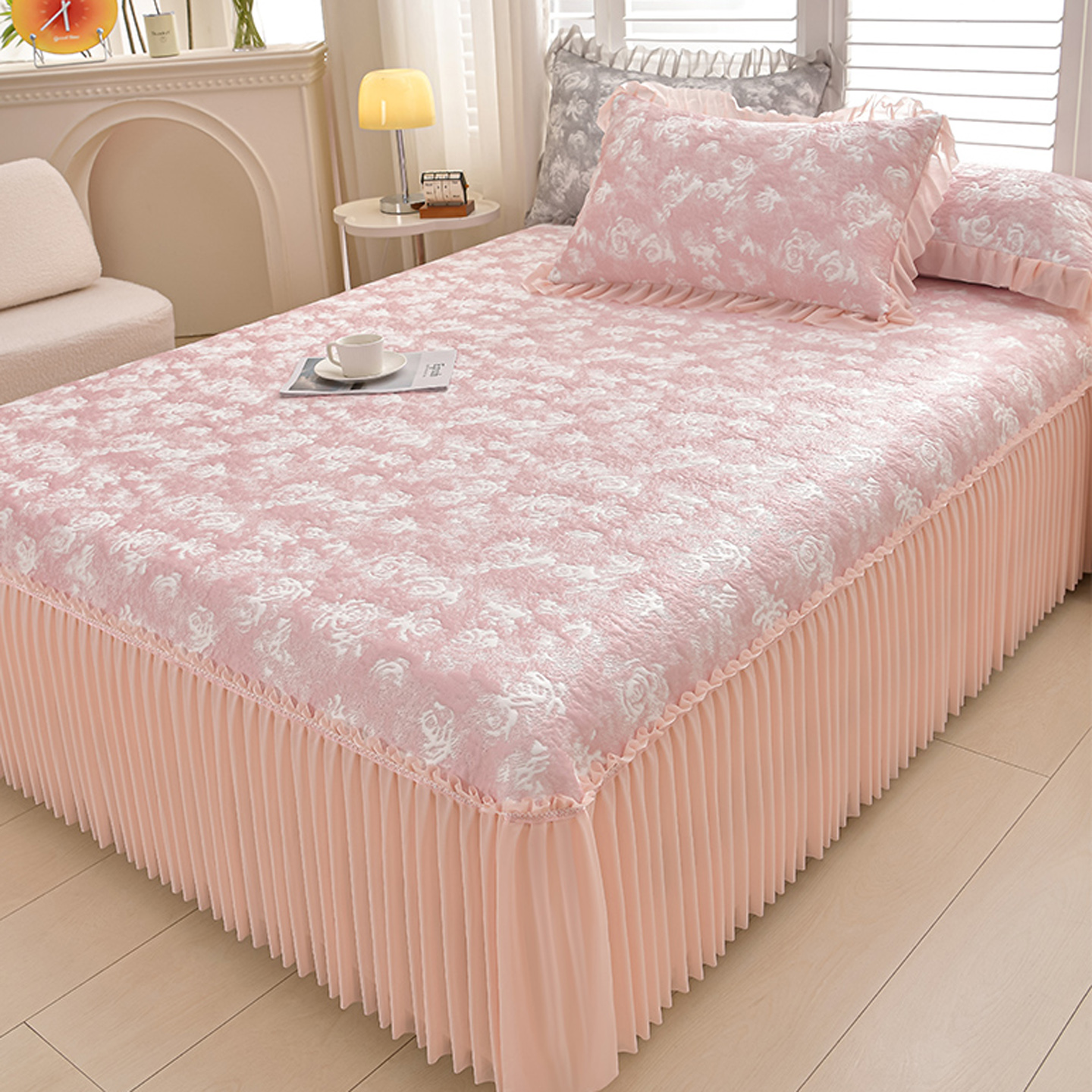 夏季PE提花冰丝凉席三件套床裙款蕾丝边可水洗凉感豆豆空调软席子