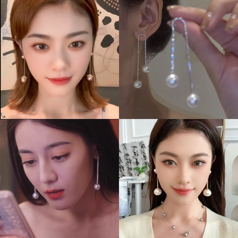 韩版粉咖色珍珠耳环雪花长耳饰女气质批发高级感轻奢耳坠耳线