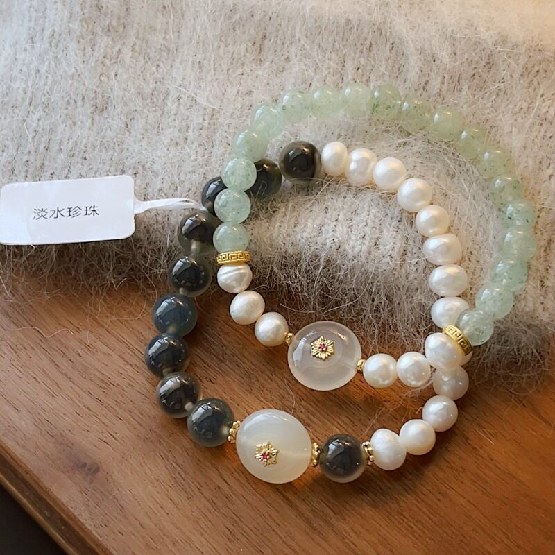 天然淡水真珍珠手串白月光平安扣吊坠糖心玛瑙手链简约复古手串