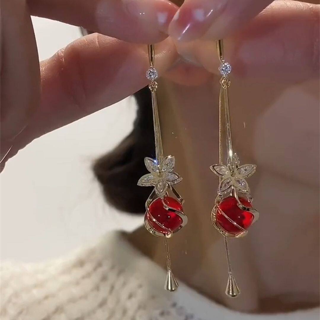红色长款永生花流苏耳环设计感网红百搭耳饰2022新款银针潮