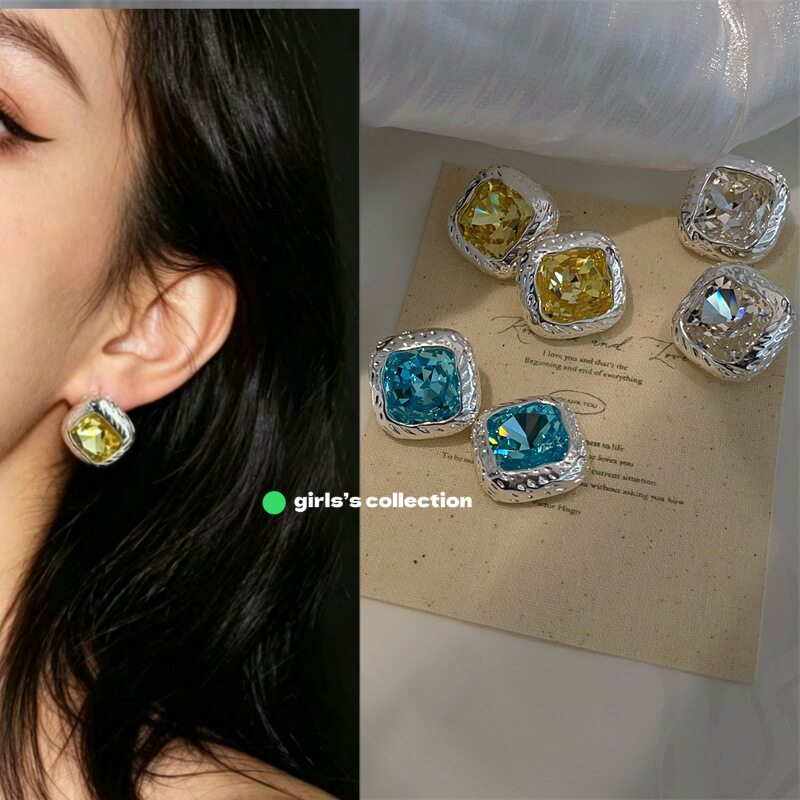 冰透彩色锆石立体方形耳钉小众设计高级感闪亮耳环时尚通勤耳饰品