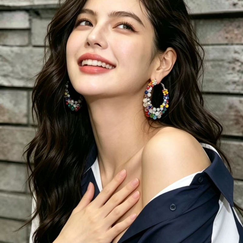 波西米亚风彩色水晶串珠大耳圈女时尚甜美糖果色米珠缠绕夸张耳环