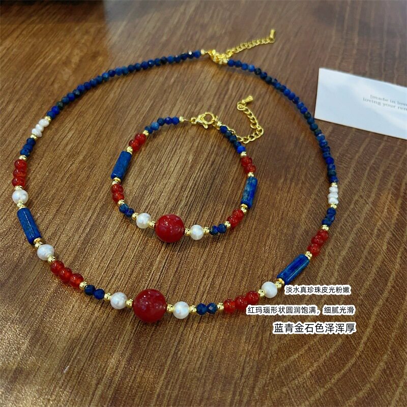 天然石蓝青金淡水真珍珠串珠锁骨链复古红玛瑙项链南红毛衣链