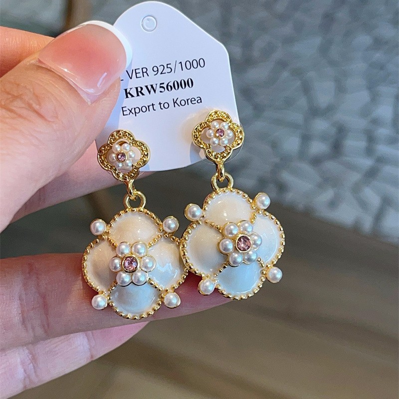中古风vintage花朵耳环电镀18K金小众高级感滴油叶子草夸张耳饰品