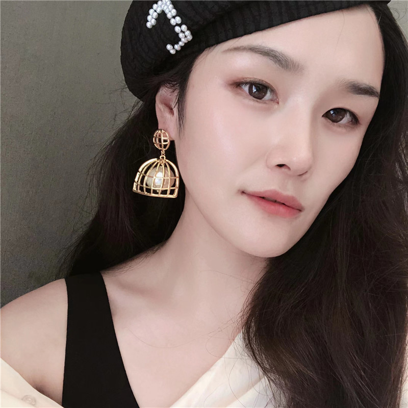 镀银针18K金明星同款夸张珍珠鸟笼耳环潮小众2026新款耳坠高级感