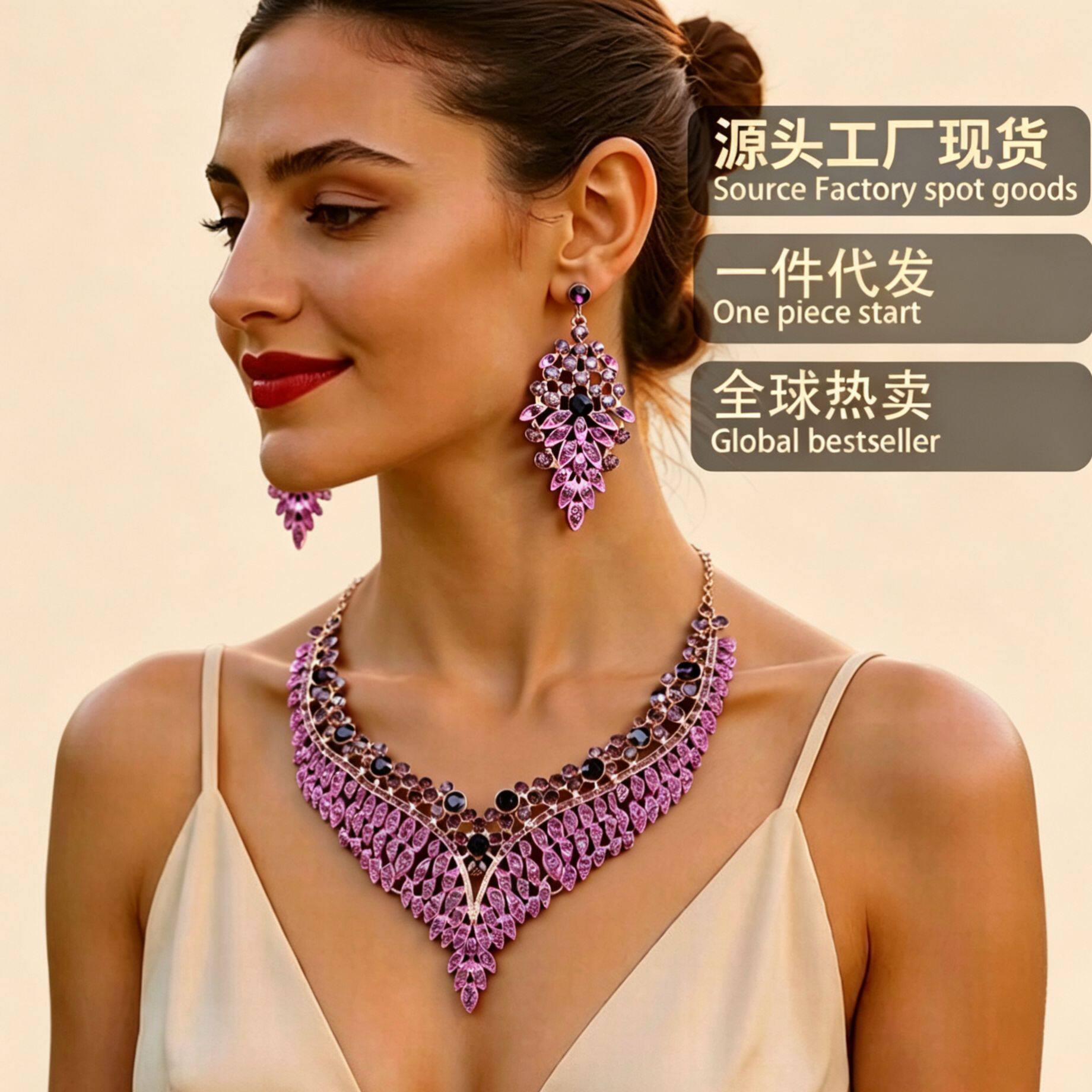 跨境热卖款欧美项链耳环套装夸张复古感精致设计宴会礼服彩色滴油
