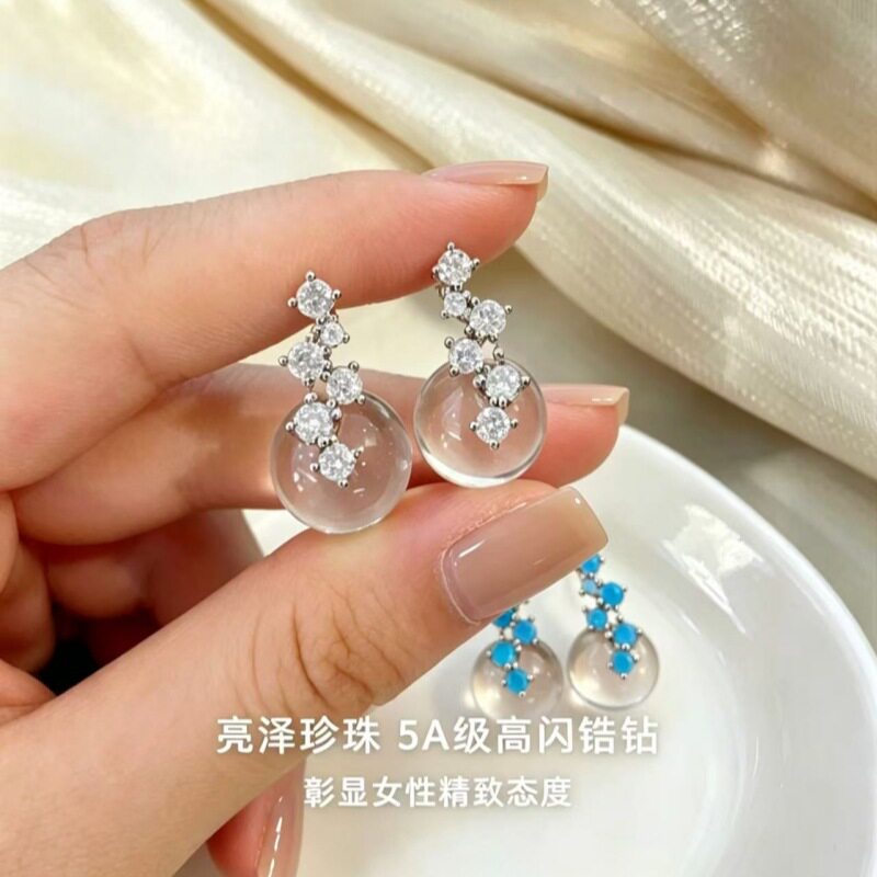 高级感满天星冰透水晶球绿松耳环复古小众锆石耳坠高档气质精致耳