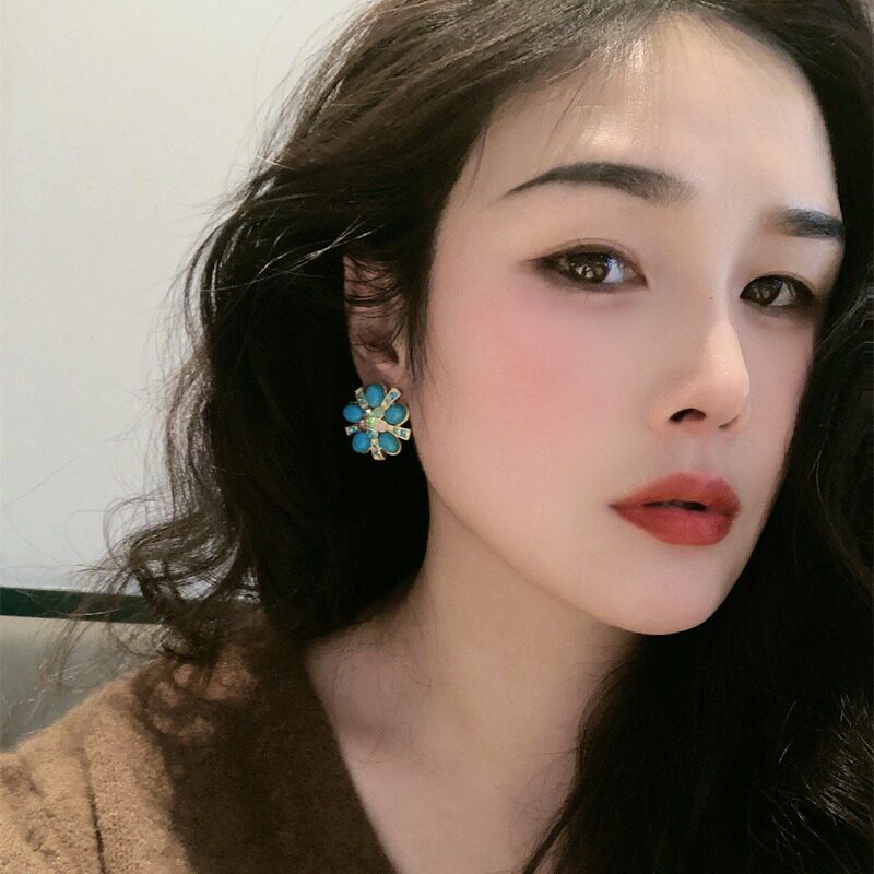 复古宫廷风沙金绿松石耳环高级感新款花朵彩锆耳钉中古风个性耳饰