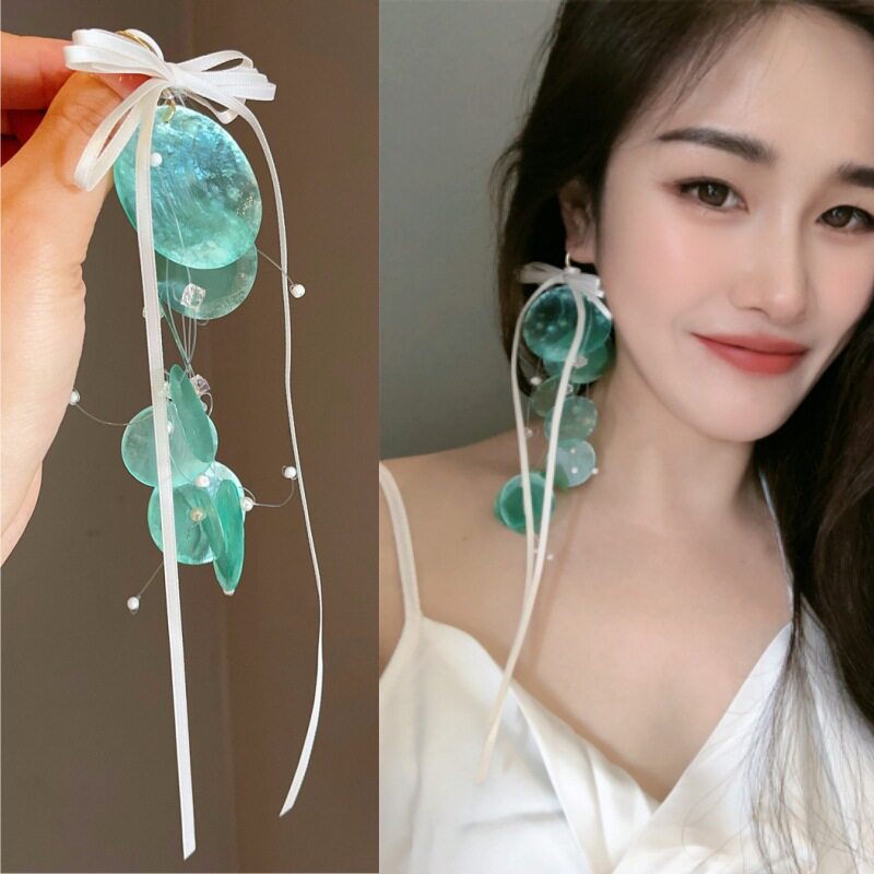 海边旅行度假风超仙少女感天然大贝壳长耳环蝴蝶结流苏夸张耳饰品
