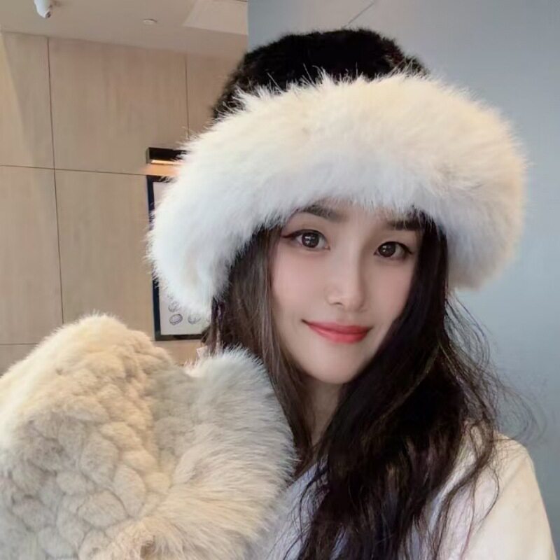 秋冬新款仿皮草菠萝纹毛边渔夫帽子女2024冬季加厚加绒圆顶帽子