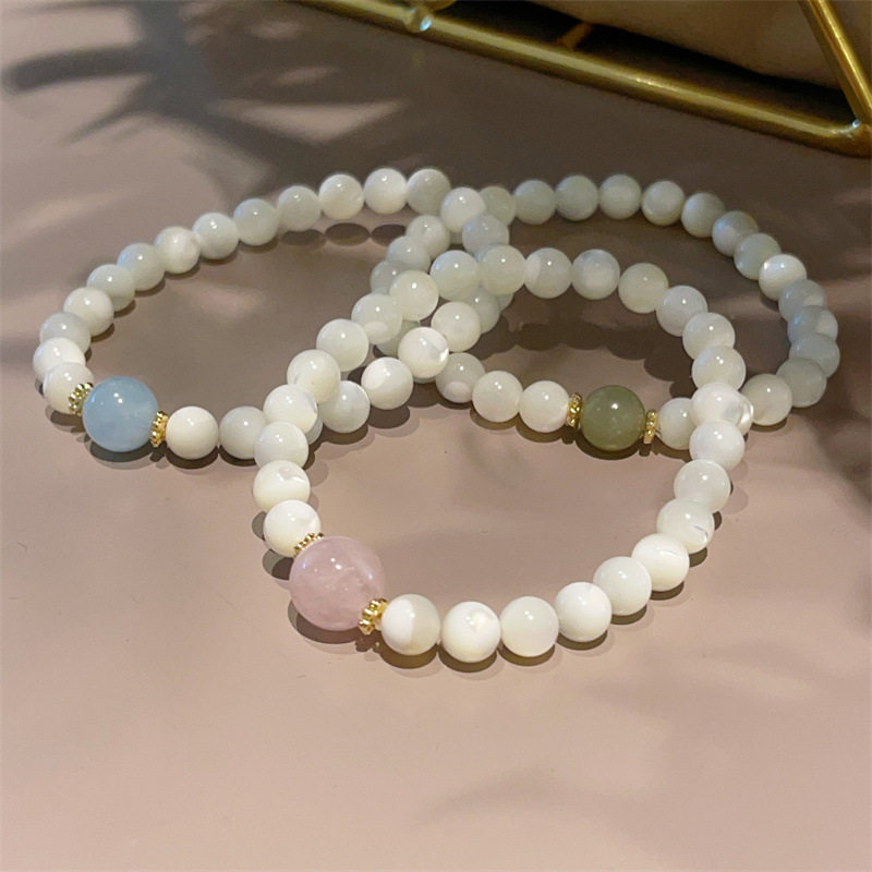 小香风天然白蝶贝珍珠手链个性和田玉粉晶海蓝宝串珠学生闺蜜手饰