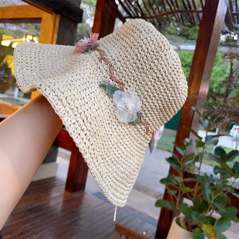 大檐镂空编织草帽女夏季新款彩色花朵遮阳防晒帽海边度假太阳帽子