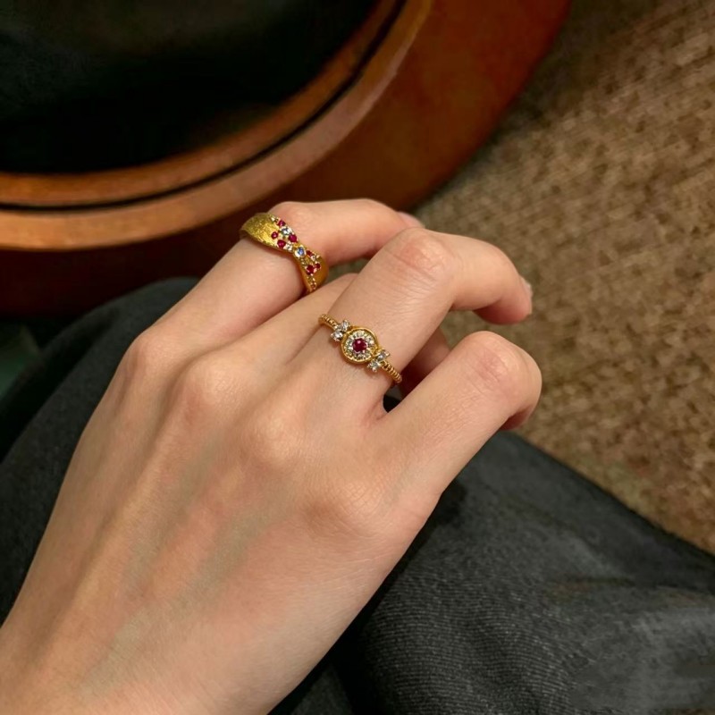 24K真金电镀拉丝彩钻蝴蝶结戒指轻奢复古小太阳食指戒开口可调节
