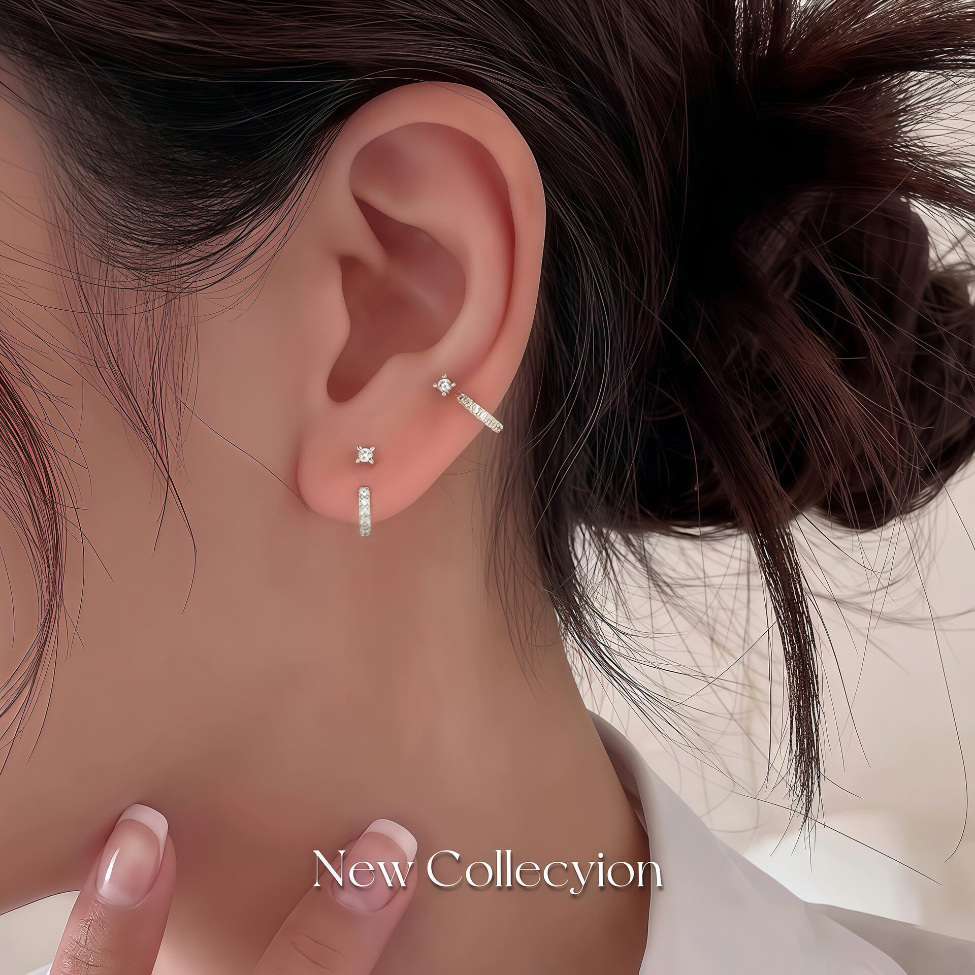 S999银针双耳洞效果后挂式设计耳环女2026新爆款高级感耳钉耳饰品