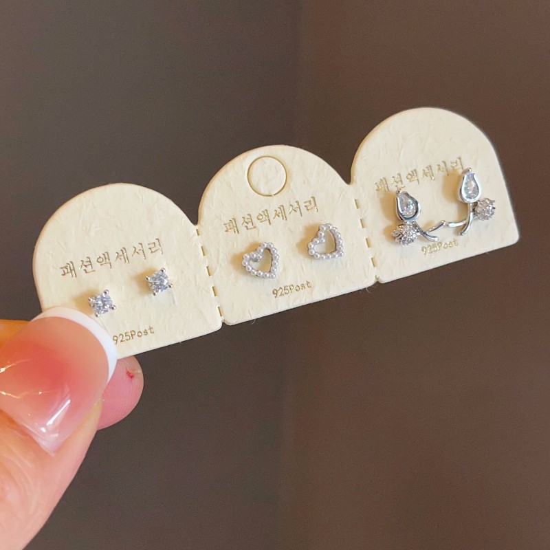 高品质感银针锆石三对装耳钉心形郁金香花朵套装耳环韩版简约气质