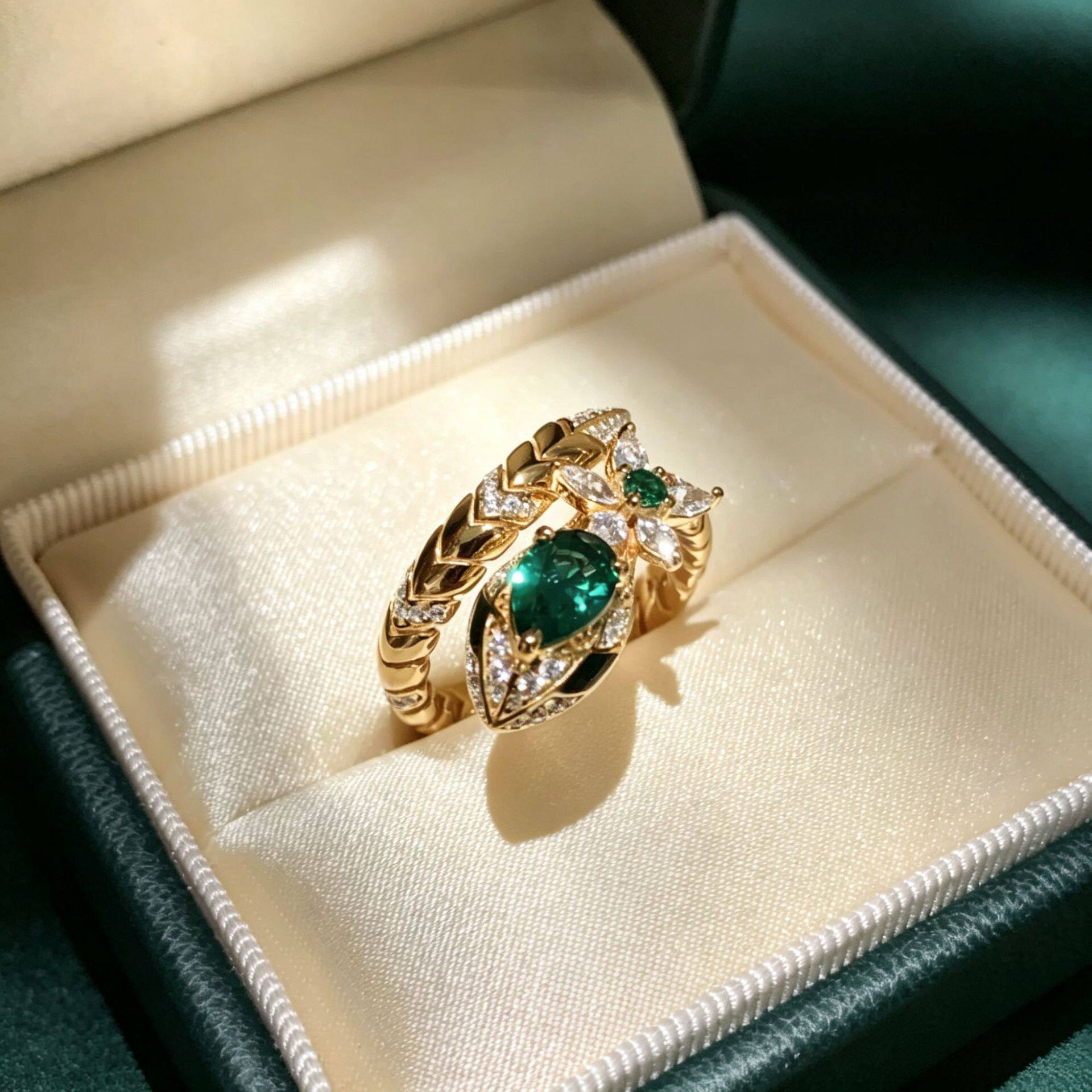 vintage中古风祖母绿灵蛇戒指轻奢高级感镶钻缠绕蛇形活口食指环