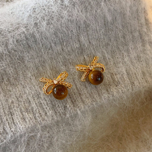 轻奢小众微镶蕾丝蝴蝶结虎眼石耳钉气质高级感小巧耳环耳饰批发