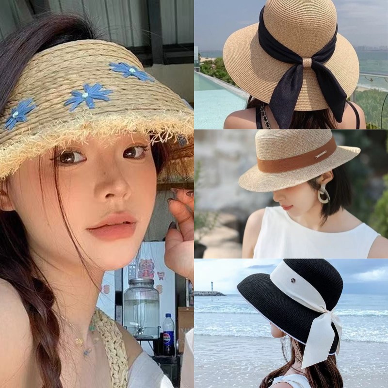 甜美小雏菊拉菲草空顶帽子女夏季户外出游海边防晒草帽女生遮阳帽