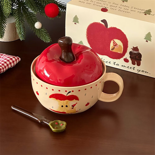 可爱苹果陶瓷带盖大容量泡面碗