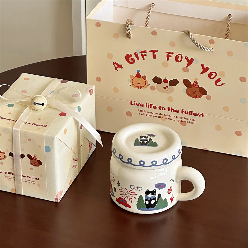 新年礼物送女生手工礼盒治愈童趣冬日猫咪插画带盖陶瓷水杯伴手礼,餐饮具,马克杯,淘宝优惠券,粉丝福利购,淘宝优惠卷