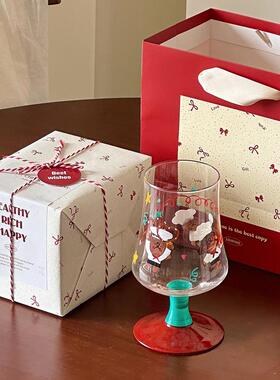 送女生礼物礼盒韩国复古手绘卡通熊玻璃高脚杯可爱果汁饮料酒杯子