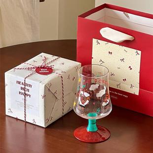 送女生礼物礼盒韩国复古手绘卡通熊玻璃高脚杯可爱果汁饮料酒杯子