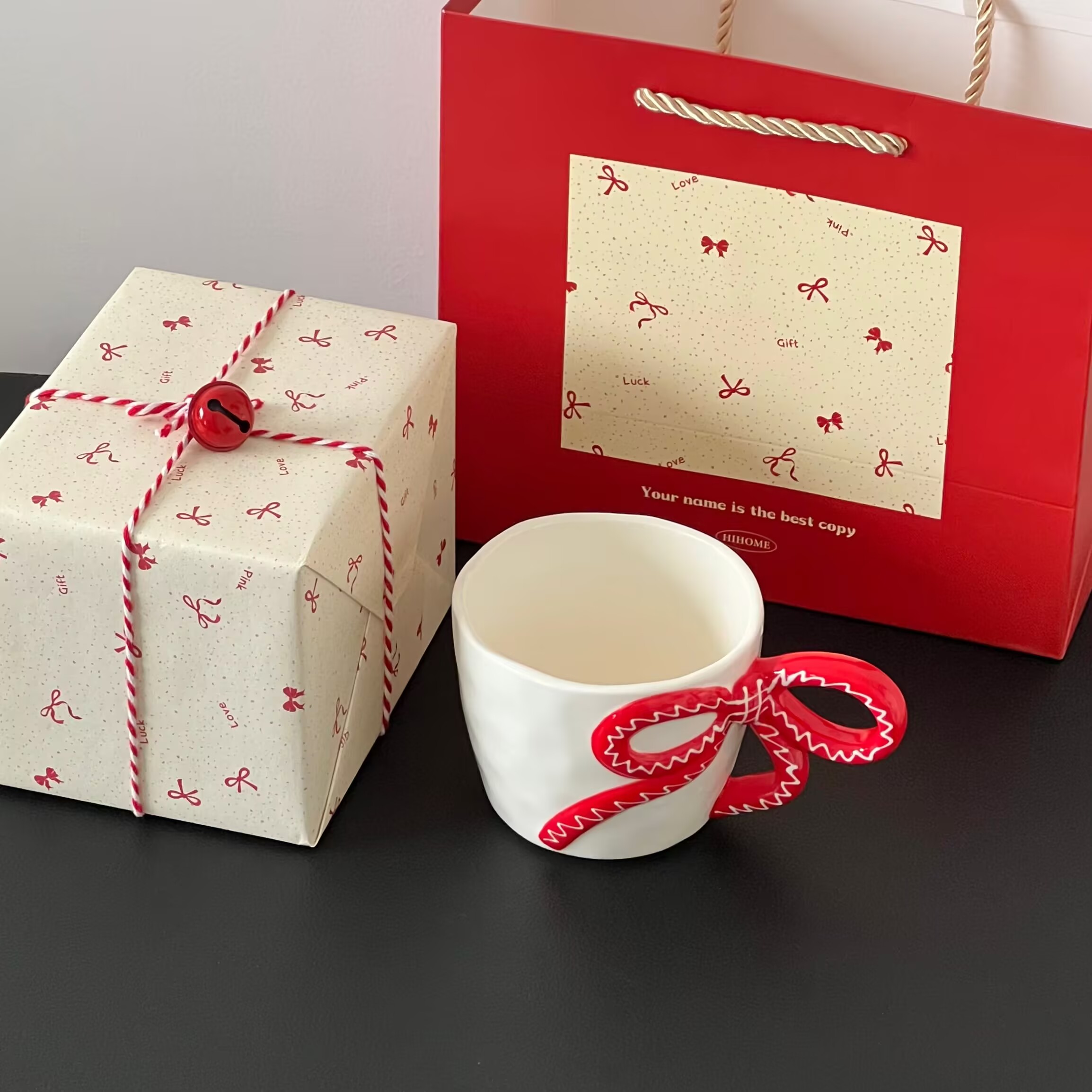 圣诞节手工礼盒ins风立体蝴蝶结陶瓷水杯子咖啡杯伴手礼盒下午茶